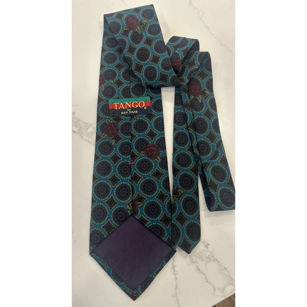 Vtg 1990s Tango by Max Raab Mens Silk Tie 3.75” Muted Turquoise Abstract Roses - Picture 6 of 8